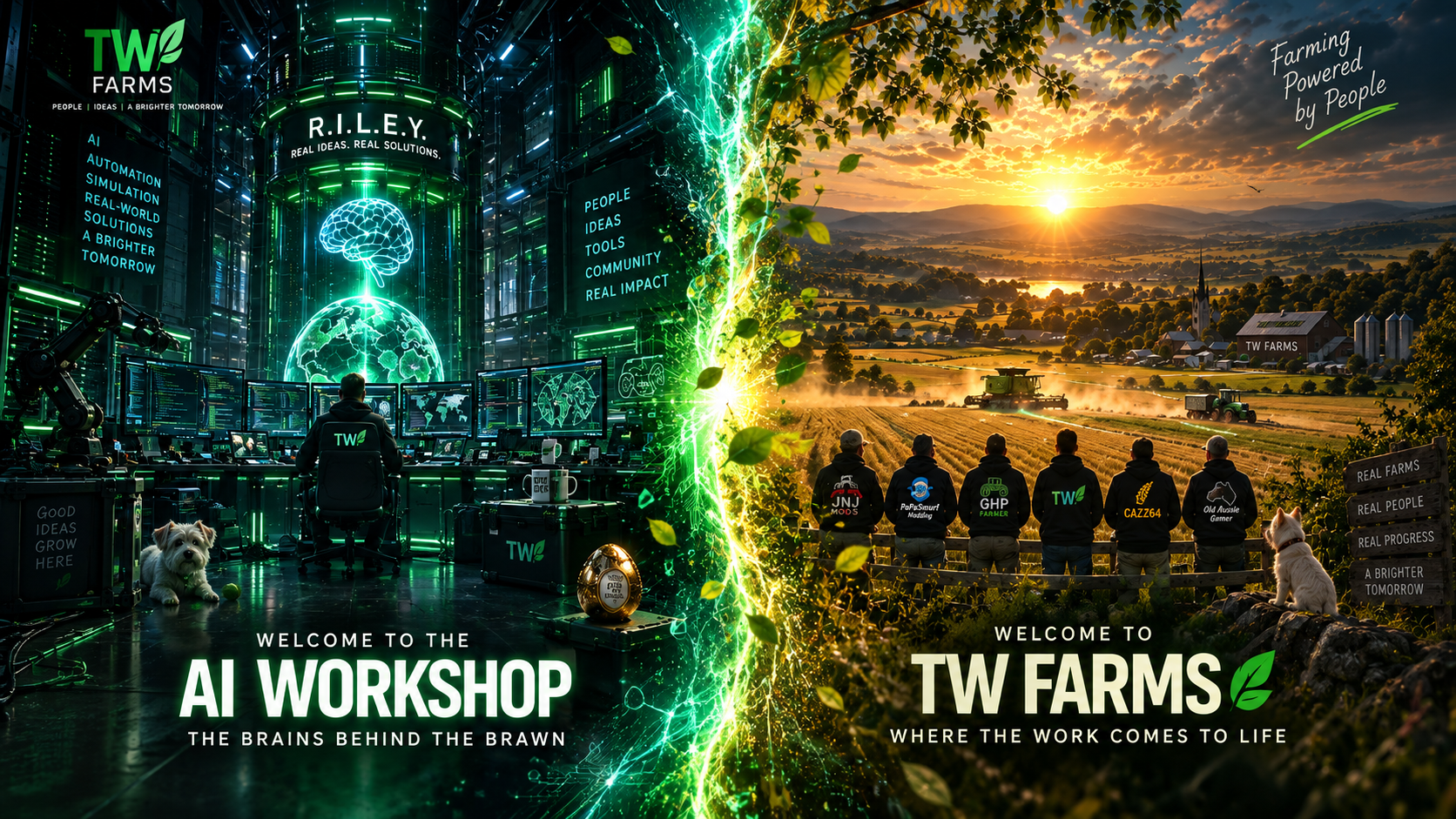 The split AI Workshop and TW Farms portal artwork