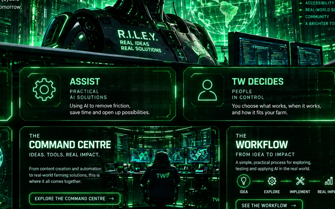 TW Farms Command Centre with multiple illuminated data screens and a workstation inside a dark computing facility