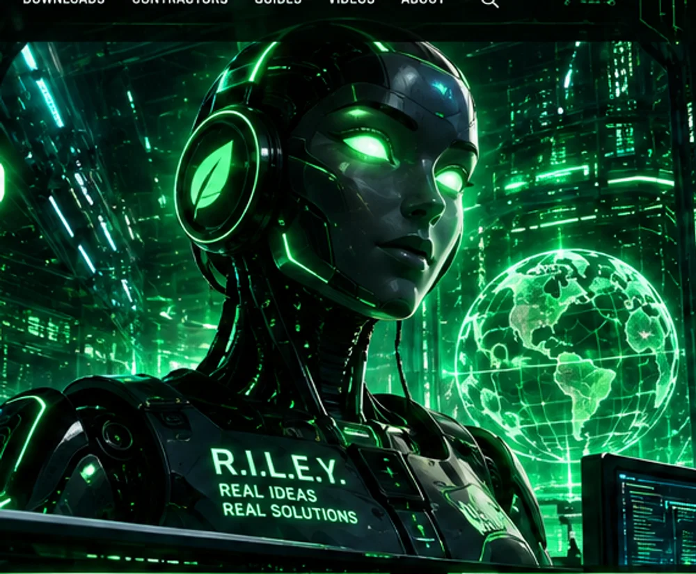 R.I.L.E.Y. AI core surrounded by luminous server architecture and data screens